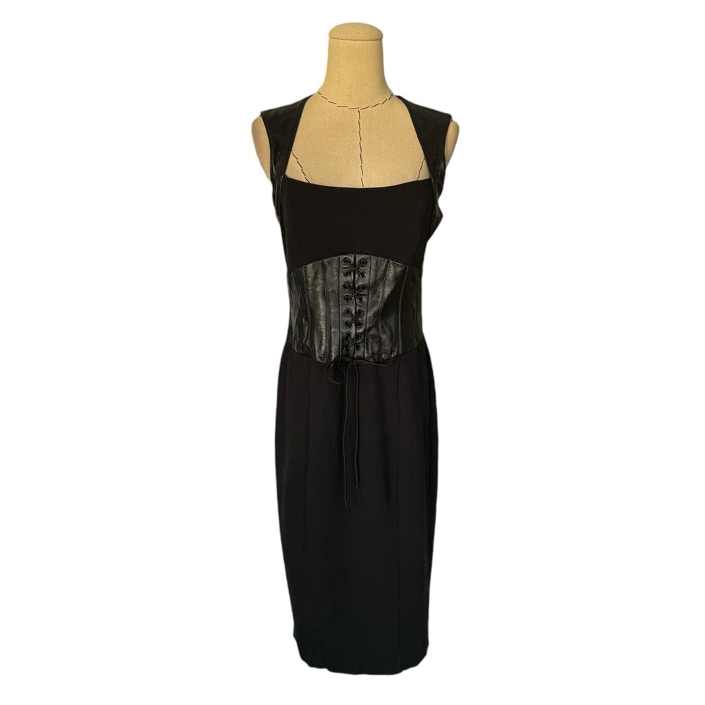 BEBE Y2K Black Leather Corset Dress Sz 10 Sexy Retro Milkmaid Goth - Picture 3 of 15